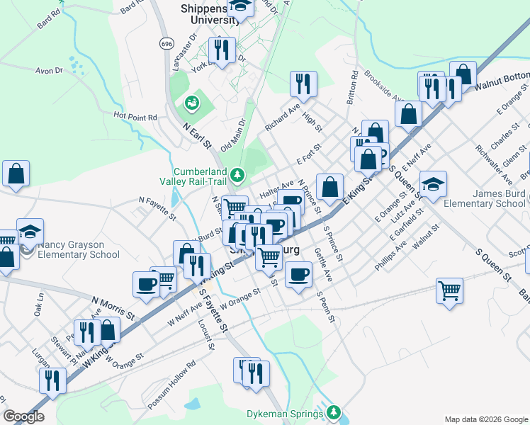 map of restaurants, bars, coffee shops, grocery stores, and more near 108 North Penn Street in Shippensburg