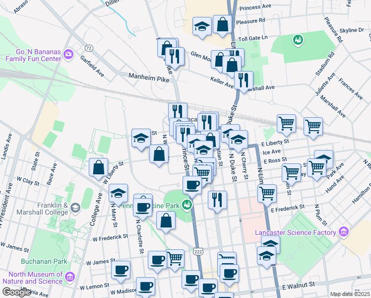 map of restaurants, bars, coffee shops, grocery stores, and more near 909 North Prince Street in Lancaster