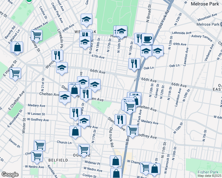 map of restaurants, bars, coffee shops, grocery stores, and more near 6456 North 16th Street in Philadelphia