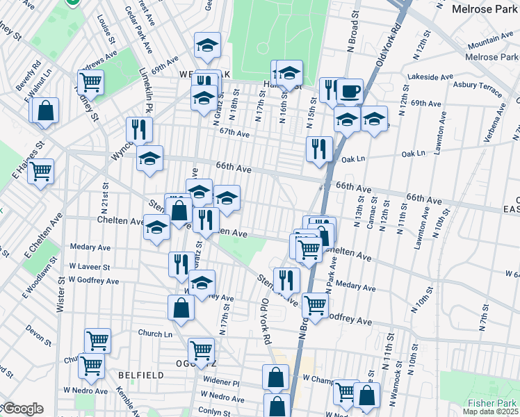 map of restaurants, bars, coffee shops, grocery stores, and more near 6457 North Smedley Street in Philadelphia