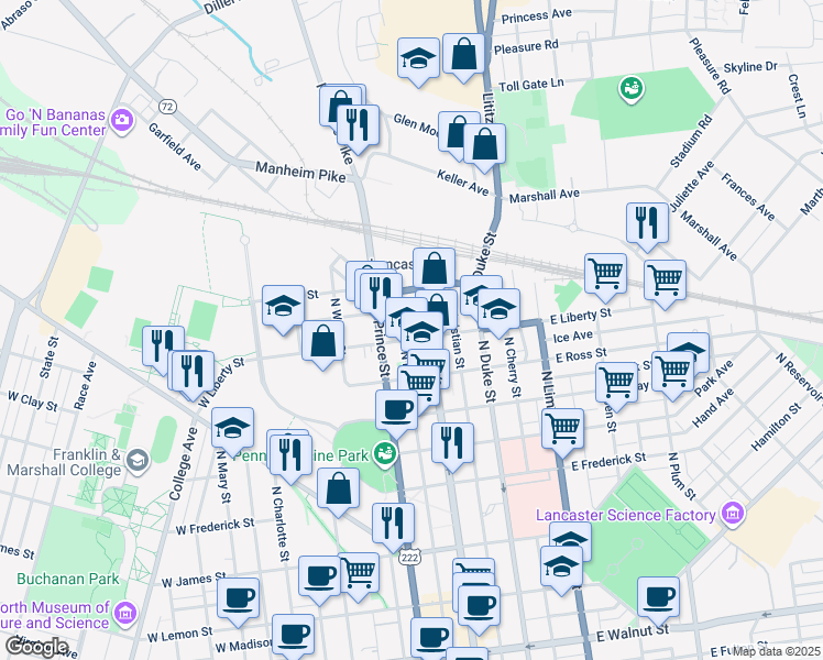 map of restaurants, bars, coffee shops, grocery stores, and more near 17 West Liberty Street in Lancaster