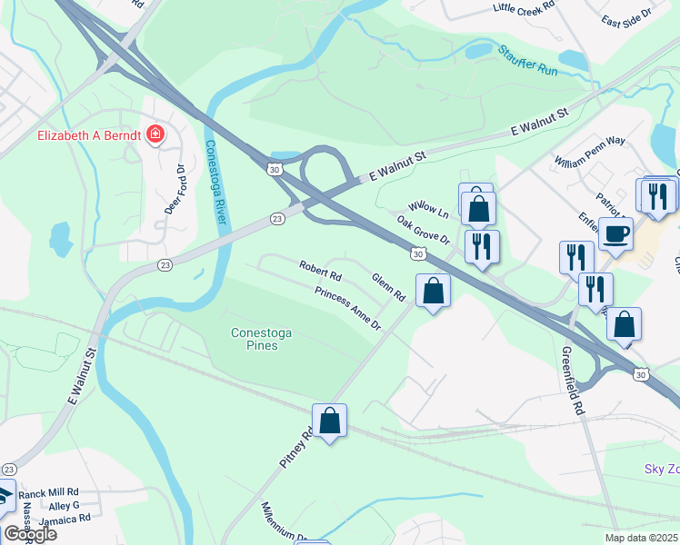 map of restaurants, bars, coffee shops, grocery stores, and more near 1615 Robert Road in Lancaster