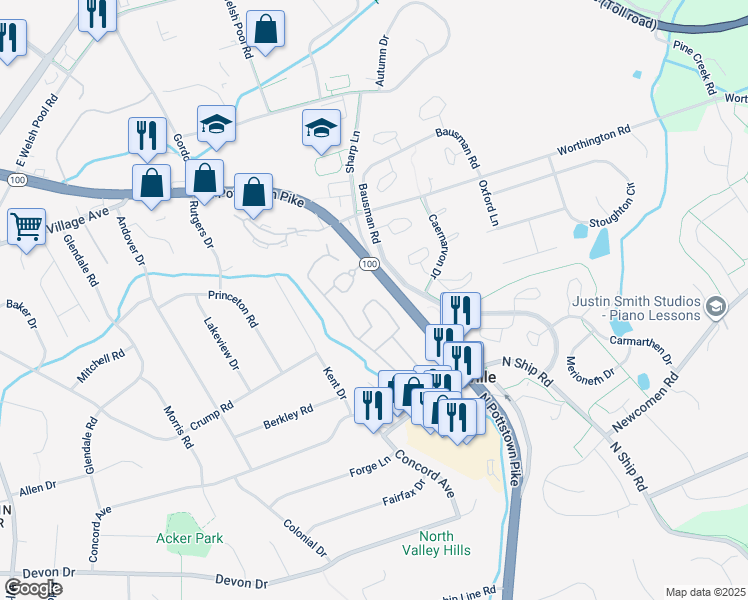 map of restaurants, bars, coffee shops, grocery stores, and more near 86 Surrey Way in Exton
