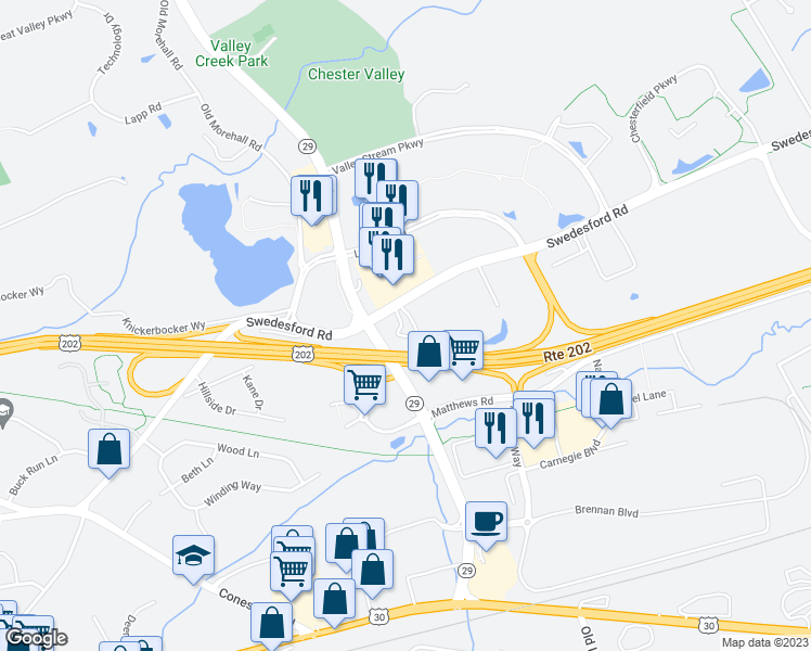 map of restaurants, bars, coffee shops, grocery stores, and more near 8 East Swedesford Road in Malvern