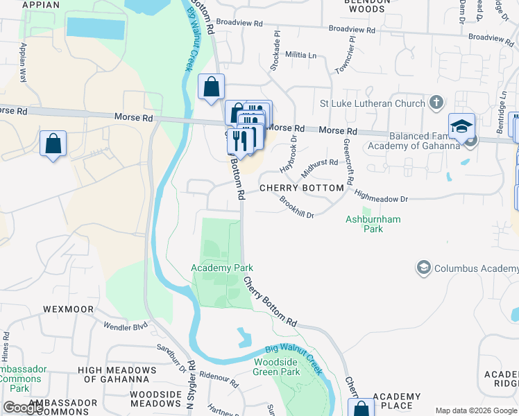 map of restaurants, bars, coffee shops, grocery stores, and more near 223 Brookhill Drive in Columbus
