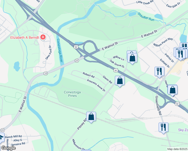 map of restaurants, bars, coffee shops, grocery stores, and more near 1615 Robert Road in Lancaster