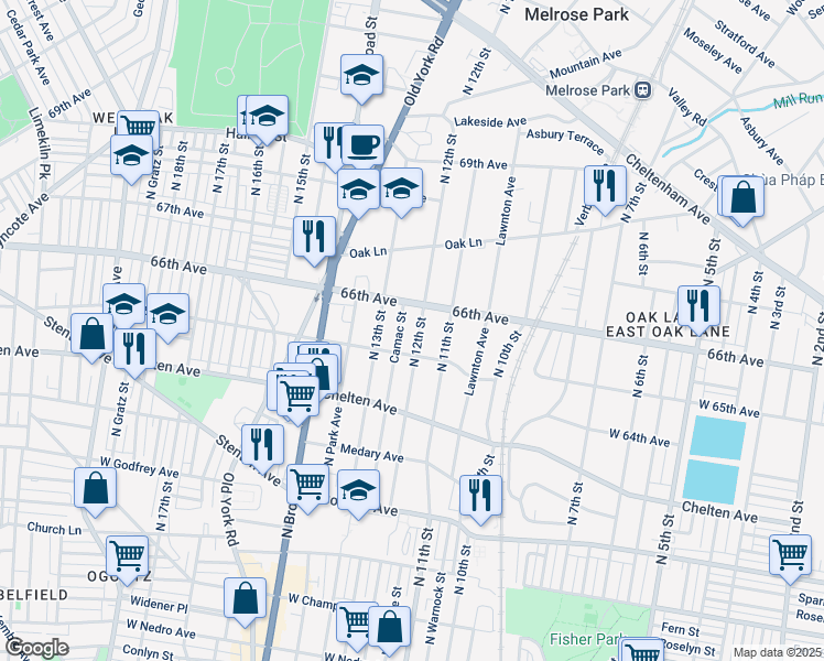 map of restaurants, bars, coffee shops, grocery stores, and more near 6528 North 12th Street in Philadelphia