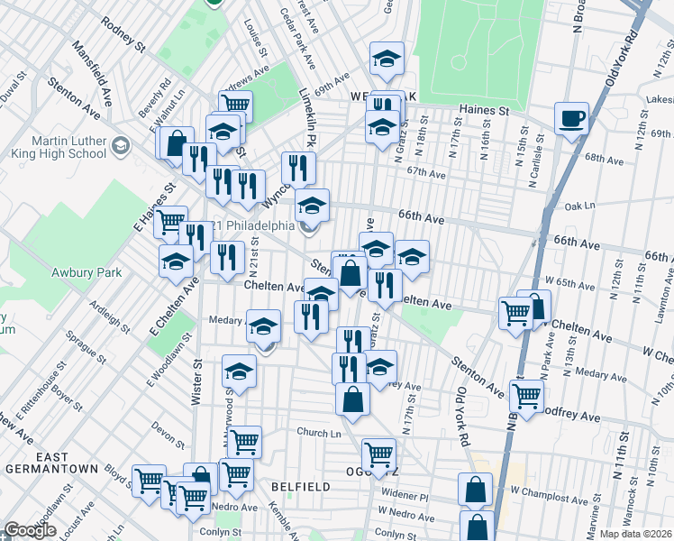 map of restaurants, bars, coffee shops, grocery stores, and more near 6441 North 20th Street in Philadelphia