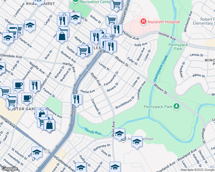 map of restaurants, bars, coffee shops, grocery stores, and more near 7807 Farnsworth Street in Philadelphia