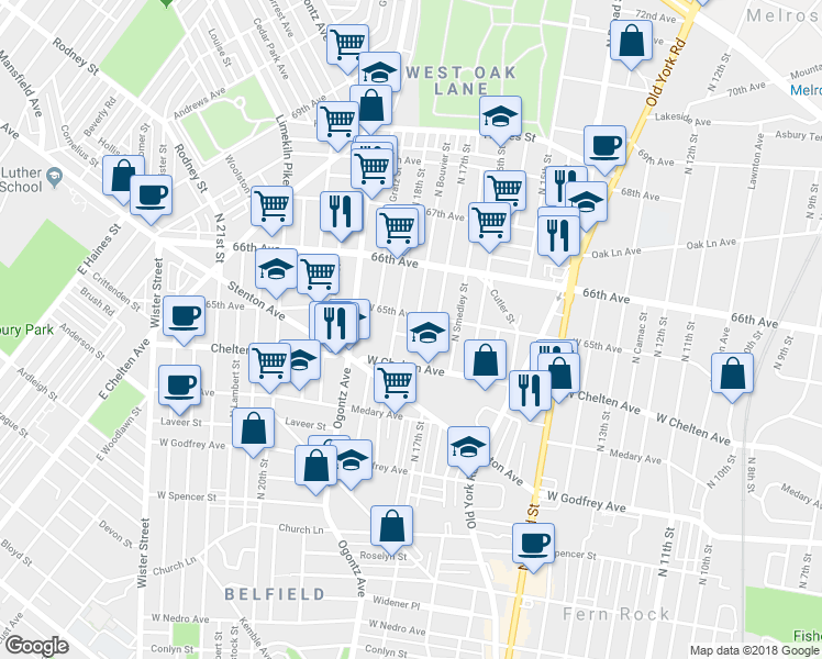 map of restaurants, bars, coffee shops, grocery stores, and more near 1731 West Colonial Street in Philadelphia