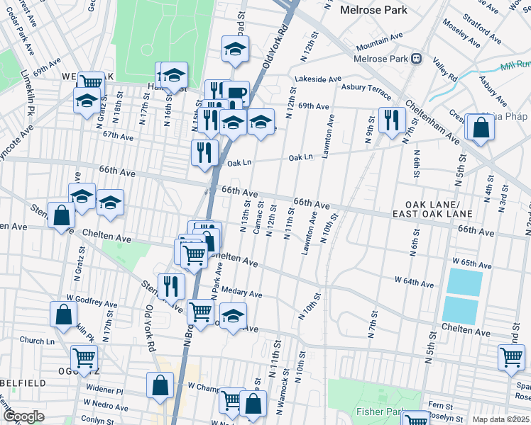 map of restaurants, bars, coffee shops, grocery stores, and more near 6528 North 12th Street in Philadelphia