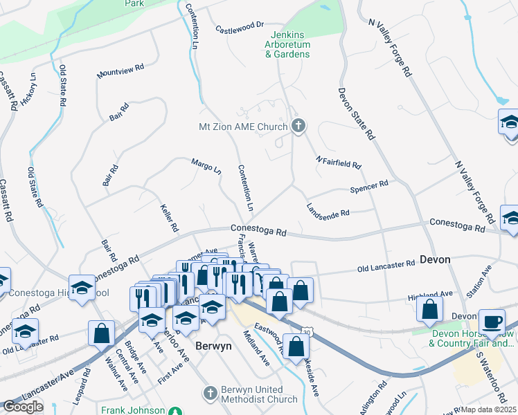 map of restaurants, bars, coffee shops, grocery stores, and more near 430 Berwyn Baptist Road in Devon