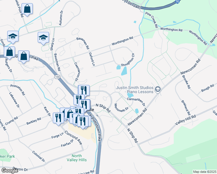 map of restaurants, bars, coffee shops, grocery stores, and more near 325 Kidwelly Court in Exton