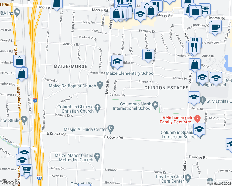 map of restaurants, bars, coffee shops, grocery stores, and more near 1164 Carbone Drive in Columbus