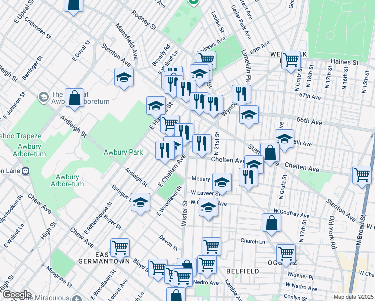 map of restaurants, bars, coffee shops, grocery stores, and more near 2010 East Chelten Avenue in Philadelphia