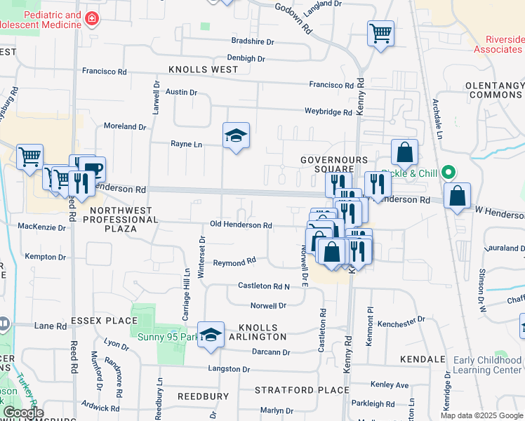 map of restaurants, bars, coffee shops, grocery stores, and more near 1320 Old Henderson Road in Columbus