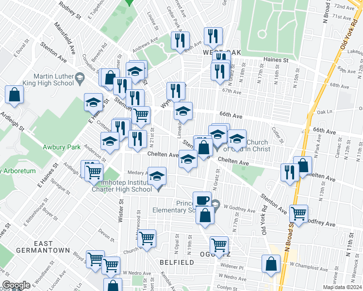 map of restaurants, bars, coffee shops, grocery stores, and more near 6429 Limekiln Pike in Philadelphia
