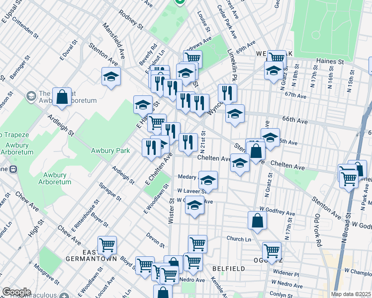 map of restaurants, bars, coffee shops, grocery stores, and more near 6419 North Beechwood Street in Philadelphia