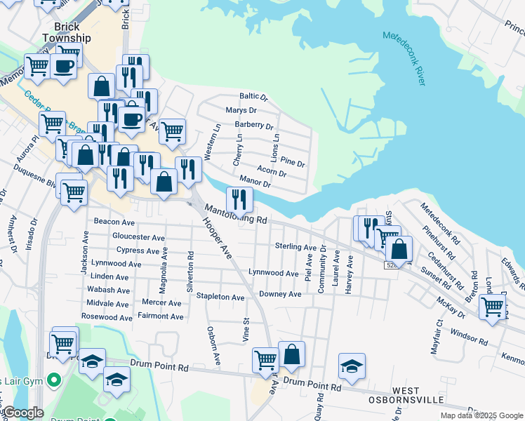 map of restaurants, bars, coffee shops, grocery stores, and more near 192 Mantoloking Road in Brick Township