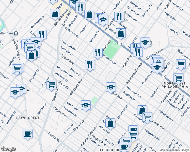map of restaurants, bars, coffee shops, grocery stores, and more near 921 Brighton Street in Philadelphia
