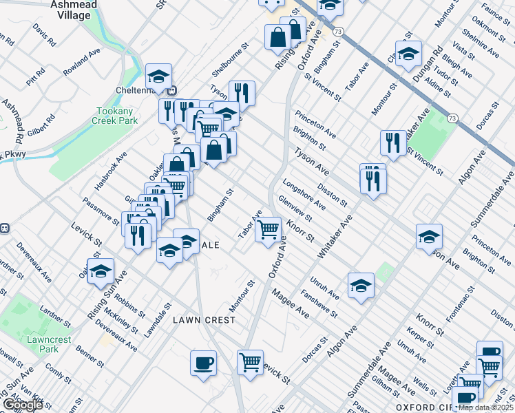 map of restaurants, bars, coffee shops, grocery stores, and more near 6828 Oxford Avenue in Philadelphia
