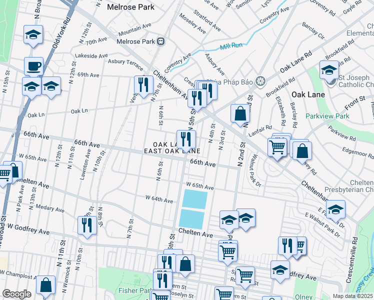 map of restaurants, bars, coffee shops, grocery stores, and more near 512 67th Avenue in Philadelphia