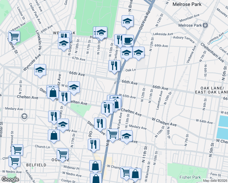 map of restaurants, bars, coffee shops, grocery stores, and more near 6500-90 Old York Road in Philadelphia