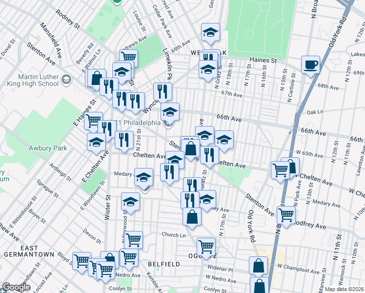 map of restaurants, bars, coffee shops, grocery stores, and more near 6441 North 20th Street in Philadelphia