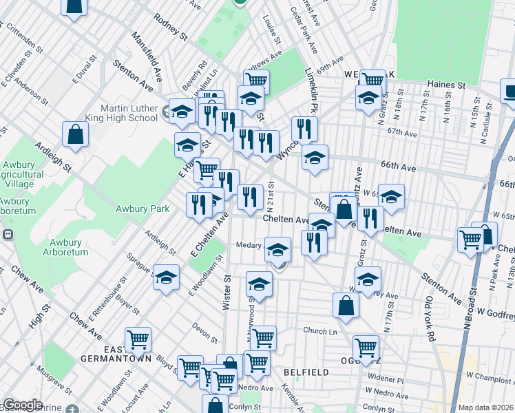map of restaurants, bars, coffee shops, grocery stores, and more near 2120 West 65th Avenue in Philadelphia