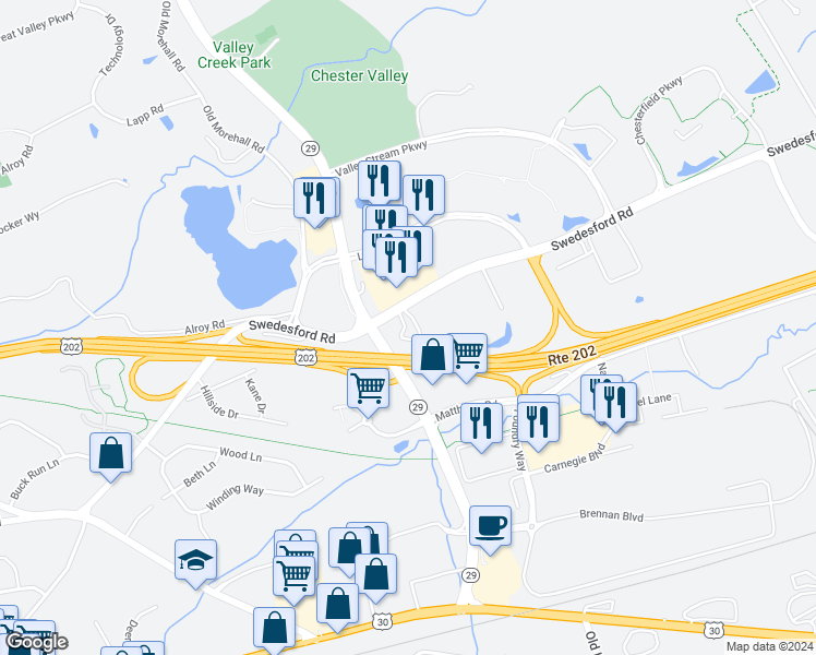 map of restaurants, bars, coffee shops, grocery stores, and more near 201 Pennsylvania 29 in Malvern