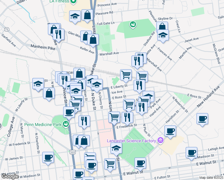 map of restaurants, bars, coffee shops, grocery stores, and more near 219 East Liberty Street in Lancaster
