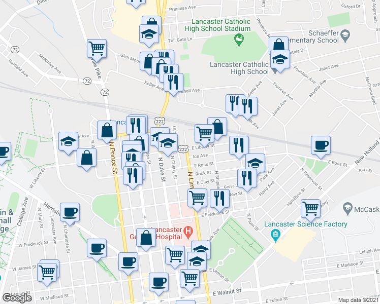 map of restaurants, bars, coffee shops, grocery stores, and more near 219 East Liberty Street in Lancaster