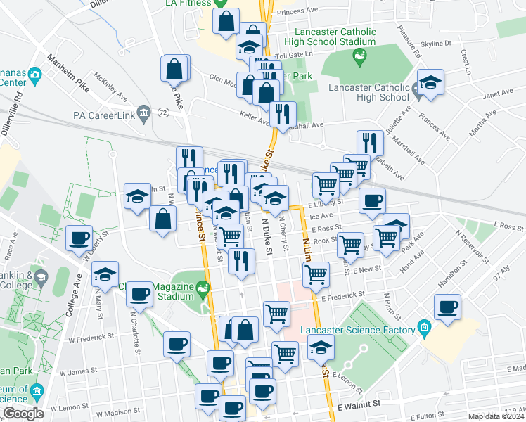 map of restaurants, bars, coffee shops, grocery stores, and more near 1022 U.S. 222 in Lancaster