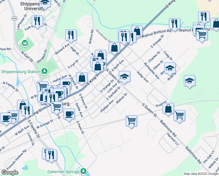 map of restaurants, bars, coffee shops, grocery stores, and more near 323 East Orange Street in Shippensburg