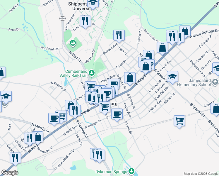 map of restaurants, bars, coffee shops, grocery stores, and more near 108 North Penn Street in Shippensburg