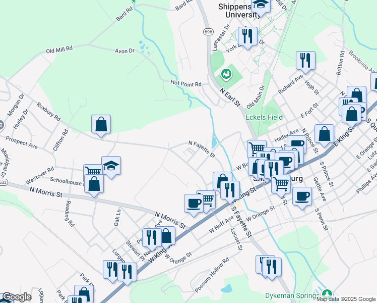 map of restaurants, bars, coffee shops, grocery stores, and more near 305 North Fayette Street in Shippensburg