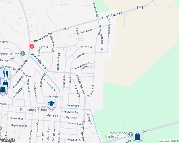 map of restaurants, bars, coffee shops, grocery stores, and more near 1275 Hilltop Drive in Troy