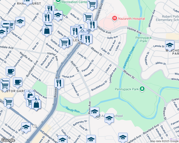 map of restaurants, bars, coffee shops, grocery stores, and more near 7814 Revere Street in Philadelphia
