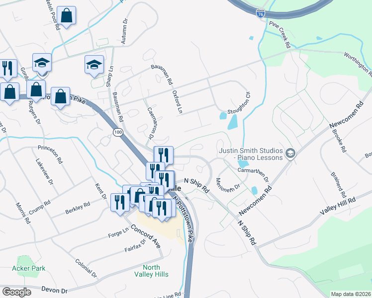 map of restaurants, bars, coffee shops, grocery stores, and more near 202 Mill Pond Drive in Exton