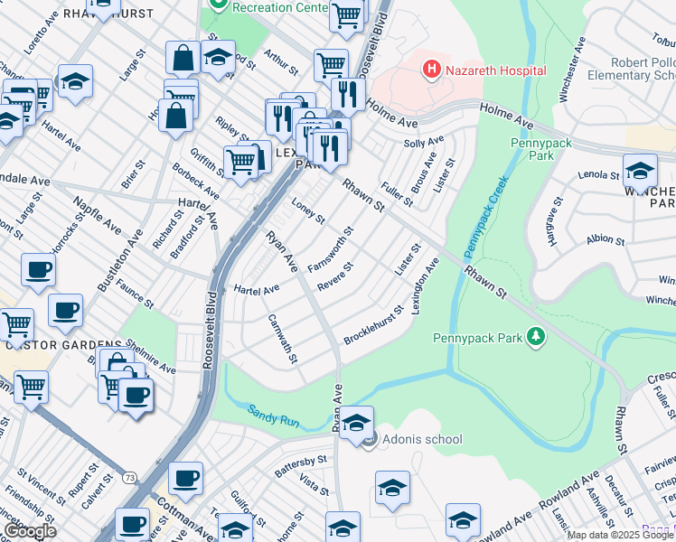 map of restaurants, bars, coffee shops, grocery stores, and more near 7814 Revere Street in Philadelphia