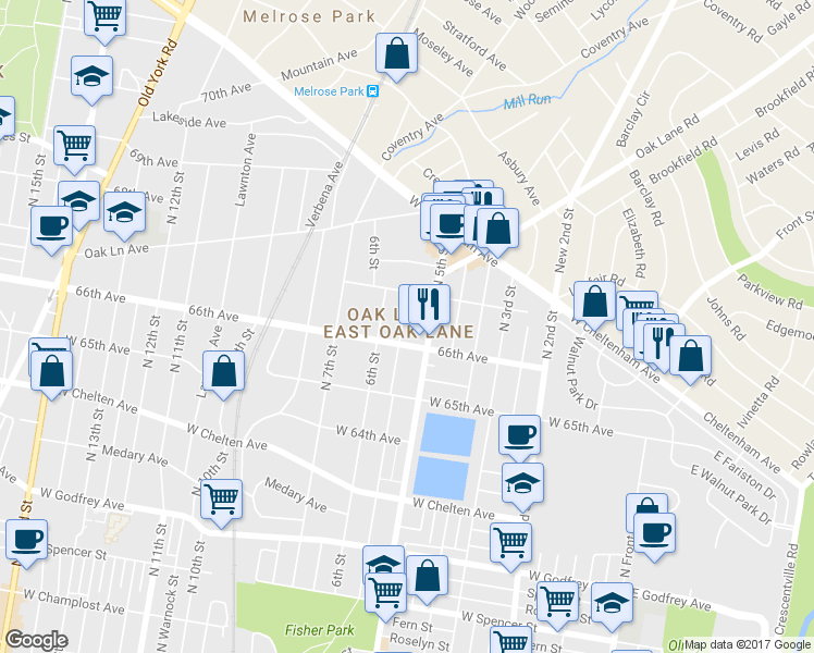 map of restaurants, bars, coffee shops, grocery stores, and more near 6621 North Fairhill Street in Philadelphia