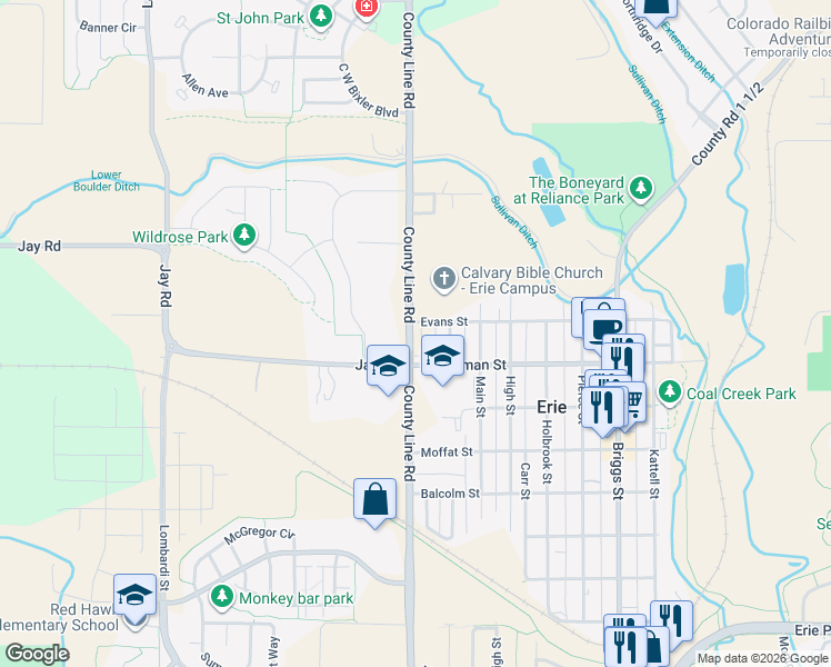 map of restaurants, bars, coffee shops, grocery stores, and more near 3800 E County Line Rd in Erie