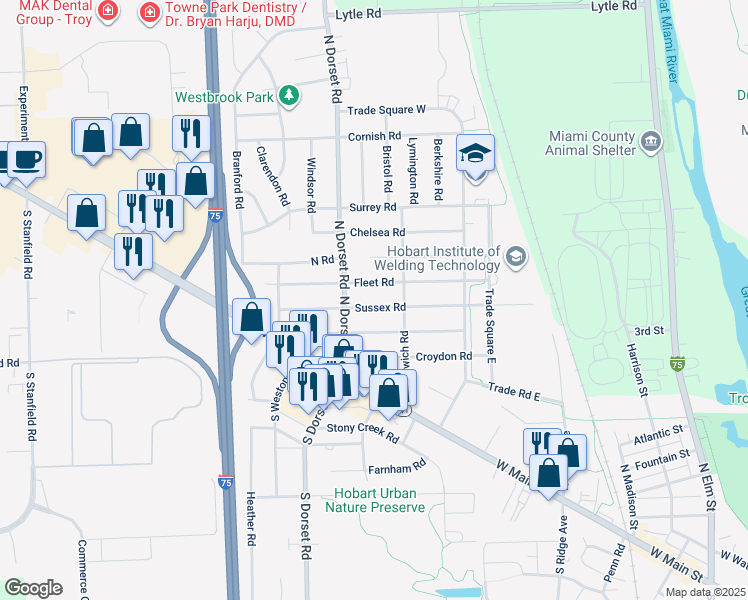 map of restaurants, bars, coffee shops, grocery stores, and more near 1414 Fleet Road in Troy