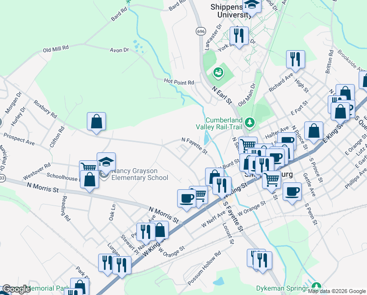 map of restaurants, bars, coffee shops, grocery stores, and more near 304 North Fayette Street in Shippensburg