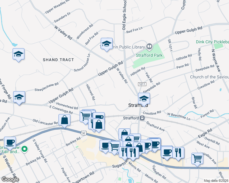 map of restaurants, bars, coffee shops, grocery stores, and more near 268 Woodland Road in Wayne
