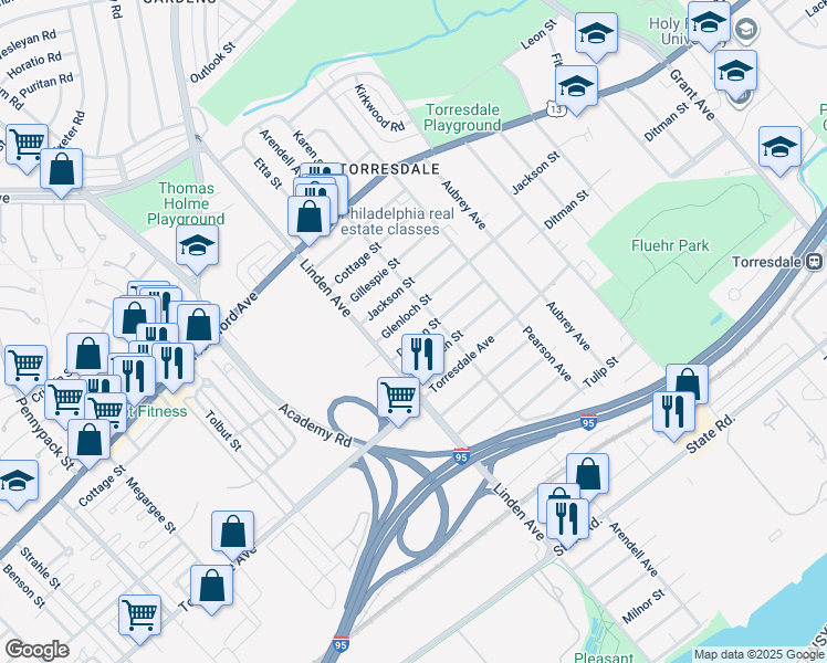 map of restaurants, bars, coffee shops, grocery stores, and more near 9228 Ditman Street in Philadelphia