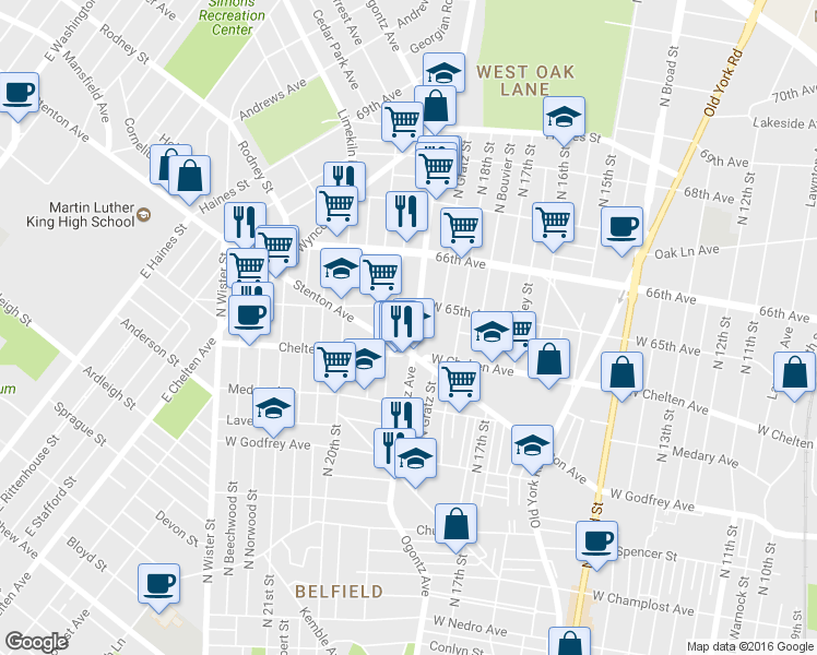 map of restaurants, bars, coffee shops, grocery stores, and more near 6428 Ogontz Avenue in Philadelphia