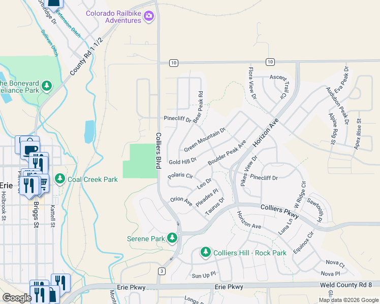 map of restaurants, bars, coffee shops, grocery stores, and more near 563 Green Mountain Drive in Erie
