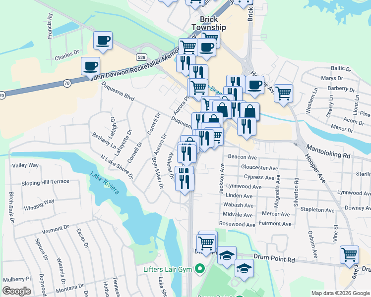 map of restaurants, bars, coffee shops, grocery stores, and more near 534 Irisado Drive in Brick Township