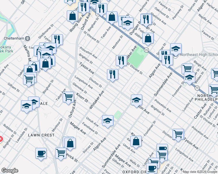 map of restaurants, bars, coffee shops, grocery stores, and more near 851 Tyson Avenue in Philadelphia